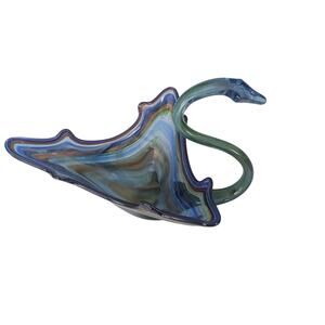 Murano style blown art glass blue green Swan Bowl large artsy dopamine